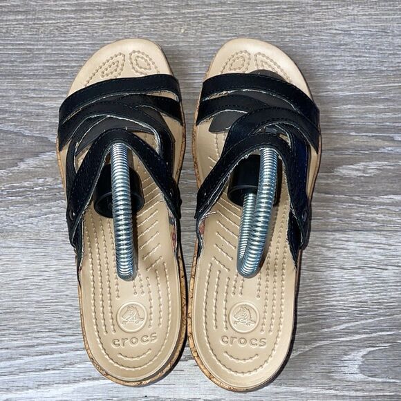 Crocs A-Leigh Cork Wedge Black Leather Strappy Women’s Size 9 Slip On Sandals - Picture 5 of 10